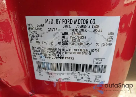 2007 Ford F-150 Lariat/Xlt z USA, uszkodzony, nr VIN 1FTPW12VX7FB17832